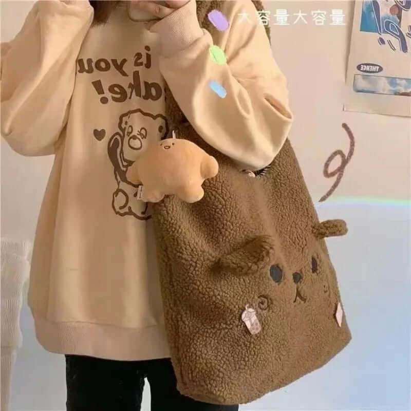 Bear Winter Plush Tote Bag