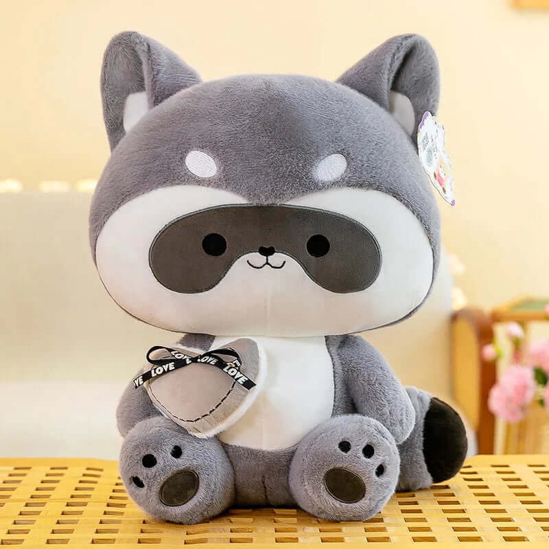 Kawaii Racoon with Heart Plushie gray