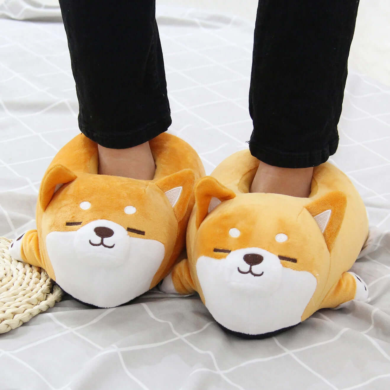 Kawaii Shiba Inu Slippers on feet