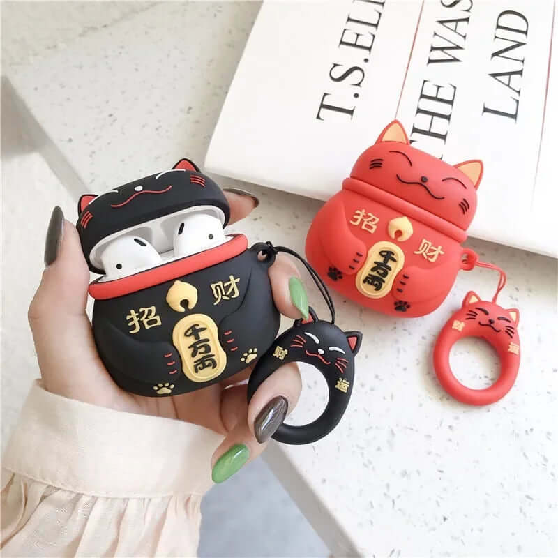 Lucky Cat Airpods Case black and red