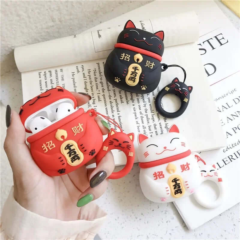 Lucky Cat Airpods Case black red and white