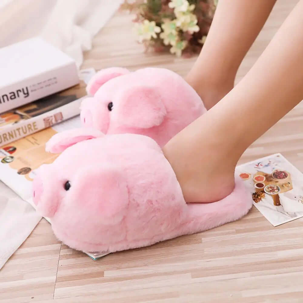 Pink Pig Slippers on feet