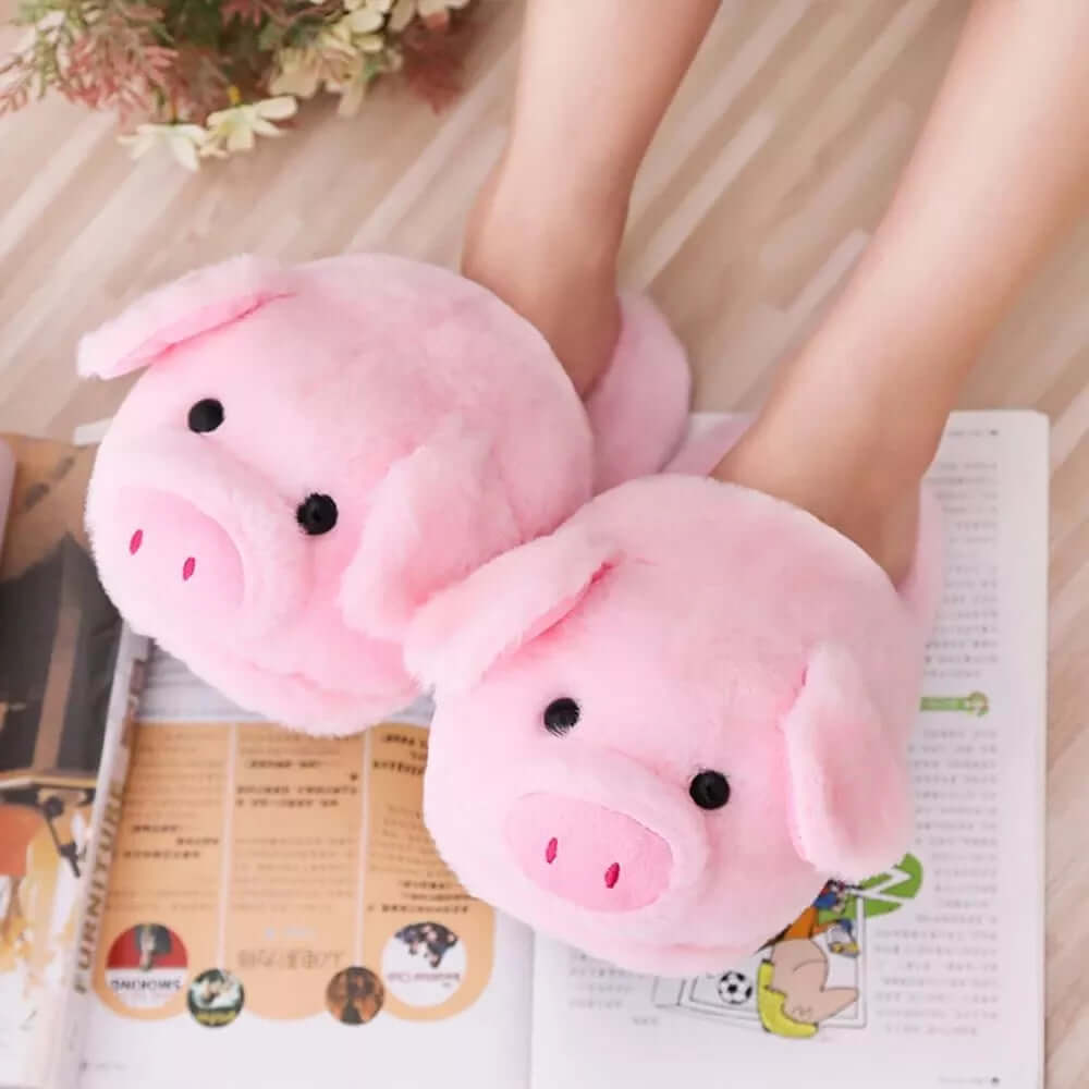 Pink Pig Slippers on feet