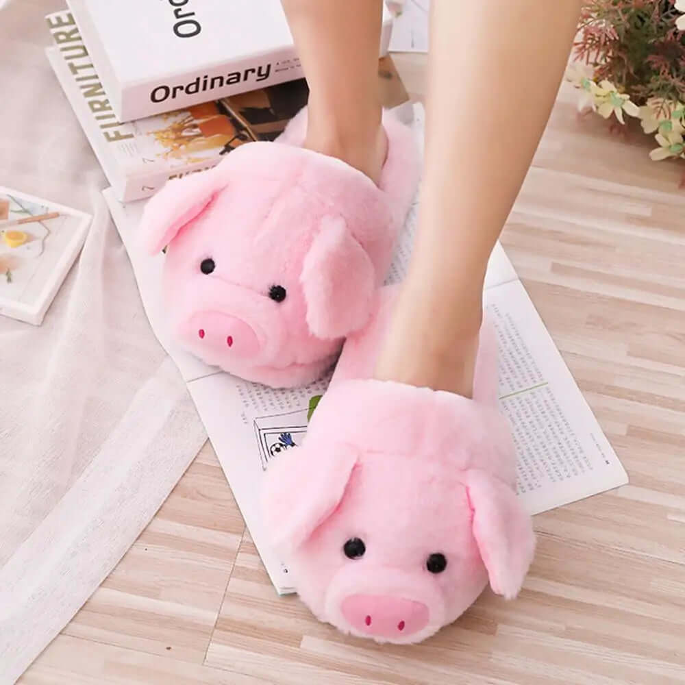 Pink Pig Slippers on feet